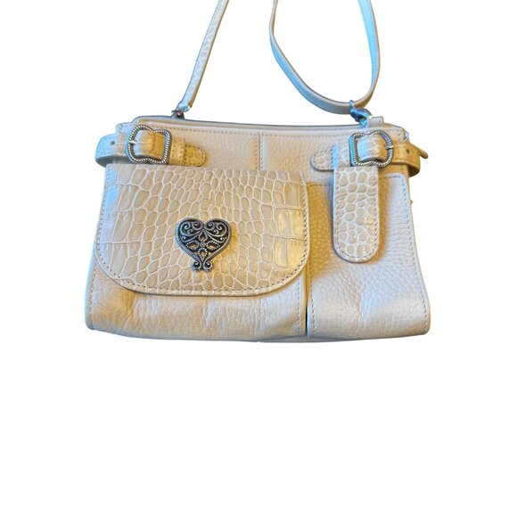 Brighton Creme Beige Leather Crossbody Purse Croc Embossing & Heart Accent - Picture 2 of 6